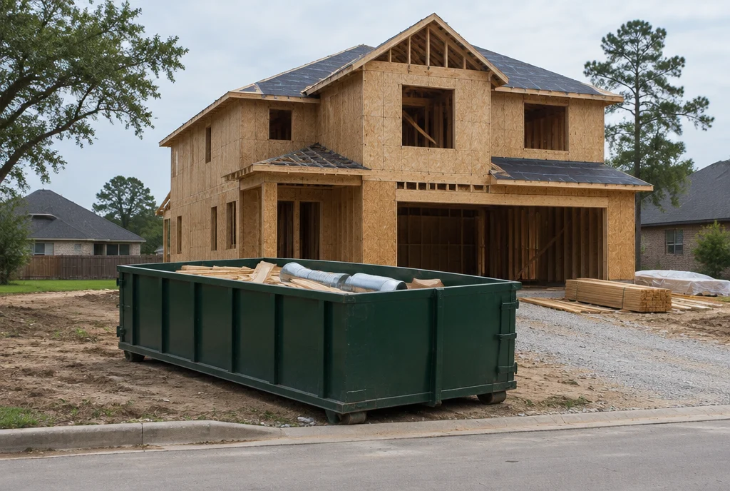 Illustrative new home under construction with a roll-off dumpster holding lumber and ventilation ductwork near the street