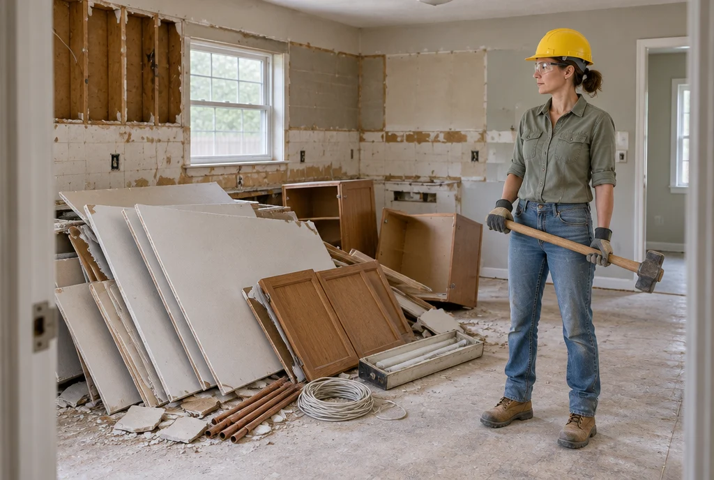 Illustrative homeowner in PPE holding a sledgehammer beside piles of kitchen demolition debris